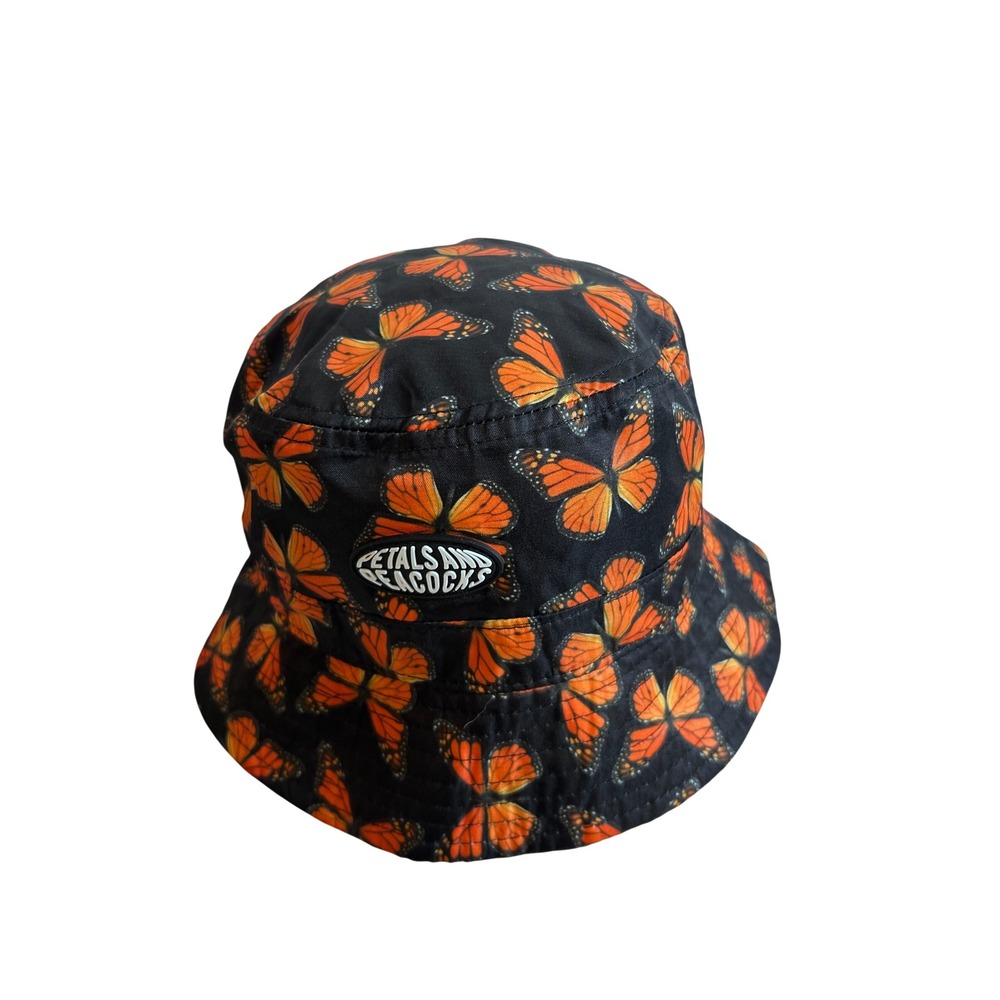 Petals And Peacocks Bucket Hat OS Black Orange Butterfly Print Womens